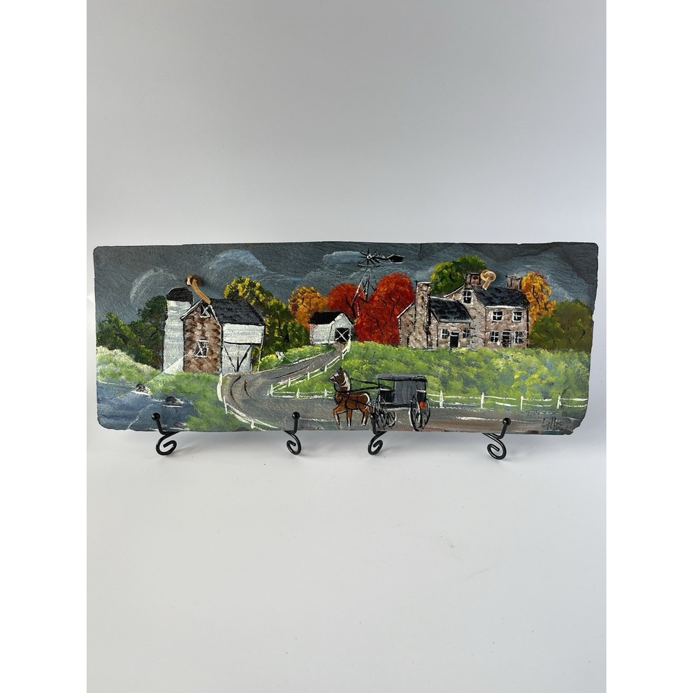 Original Oil Art Country Home And Silo Painting On‎ Slate Signed 5.5" x 14.5"